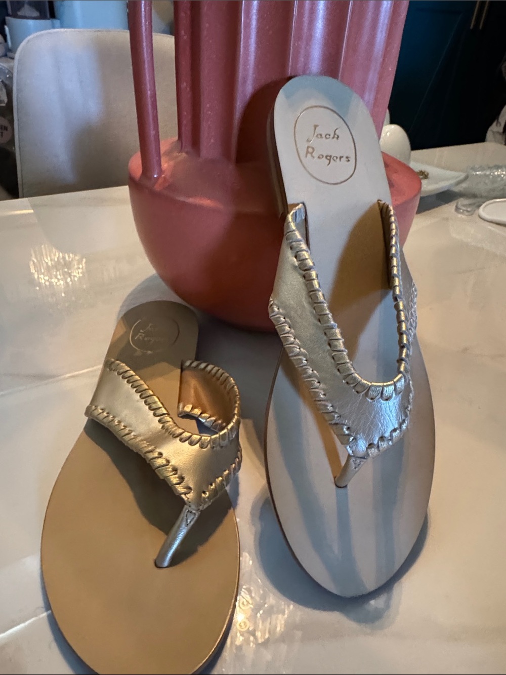 Jack Rogers Metallic Leather Gold Whipstitch Thong Sandals